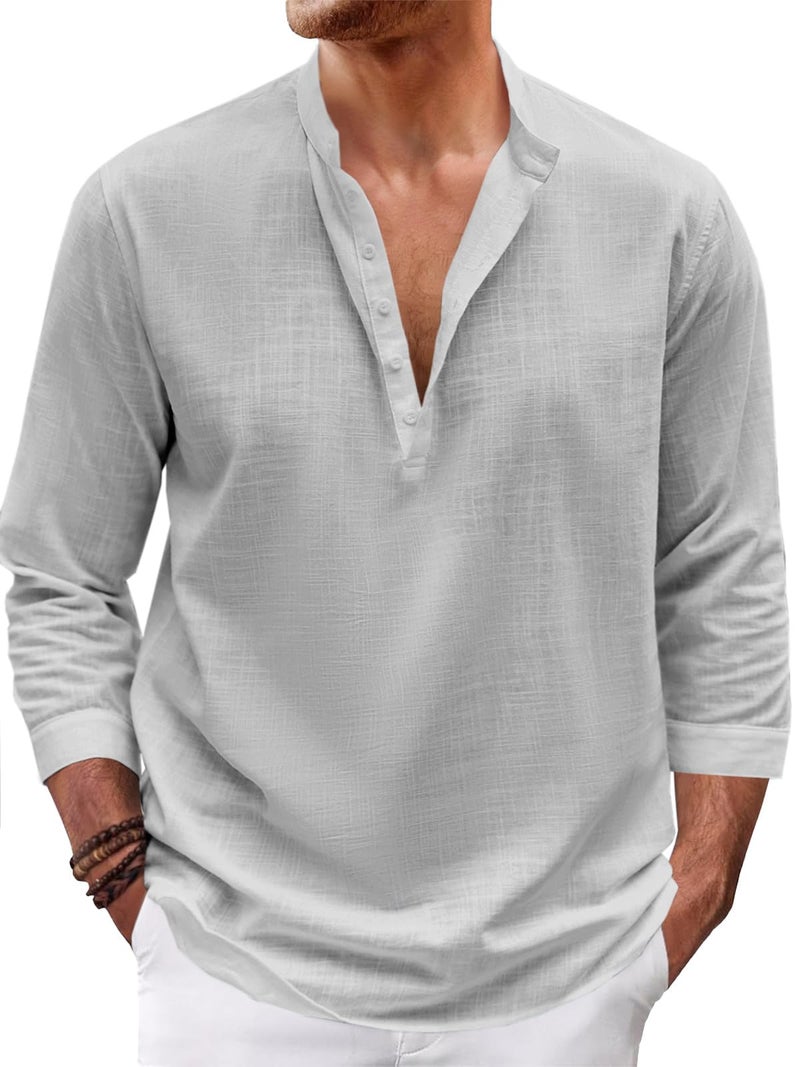 Karlywindow Mens Linen Henley Shirts Long Sleeve Hippie Yoga Summer Beach Casual Henleys T-Shirt Grey - Image 1